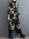 Momentlover Stand Collar Long Sleeves Asymmetric Buttoned Printed Sweatshirt Top + Harem Pants Pants Bottom Two Pieces Set