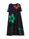 Momentlover Split-Joint Floral Printed Short Sleeves Loose Round-neck Midi Dresses