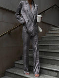 Momentlover Printed Long Sleeves Lapel Outwear Top + Flared Trousers Bottom Two Pieces Set