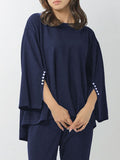 Momentlover High-Low Batwing Sleeves Beaded Round-Neck Shirts Top + Elasticity Pleated Pants Bottom Two Pieces Set