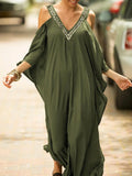 Momentlover Batwing Sleeves Loose Solid Color Cold Shoulder Maxi Dresses