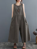 Momentlover Split-Joint Plaid Sleeveless Loose Round-neck Jumpsuits