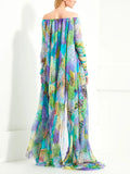 Momentlover Batwing Sleeves High-Low Printed Off-The-Shoulder Maxi Dresses