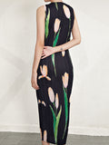Momentlover Pleated Flower Print Sleeveless Loose Round-Neck Midi Dresses