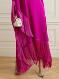 Momentlover Batwing Sleeves Loose Solid Color Split-Joint Tasseled High Neck Evening Dresses Maxi Dresses