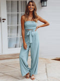 Momentlover Original Cold Shoulder Tied Solid Color Straight Leg Jumpsuits