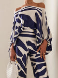 Momentlover Printed Off-The-Shoulder Top + Wide Leg  Pants Two Pieces Set