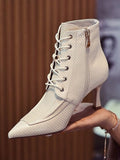 Momentlover Split-Joint Snake Shape Pointed-Toe Lace-Up Pumps Boots