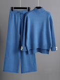 Momentlover Urban Long Sleeves Solid Color Half Turtleneck Sweater Tops & Wide Leg Pants Two Pieces Set