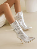 Momentlover Split-Joint Solid Color Snakeskin Printed Pleated Pumps Boots