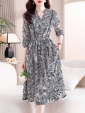 Momentlover Tied Waist Flower Print Elasticity Plus Size Loose V-neck Midi Dresses