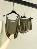 Momentlover Home Wear Loose Sleeveless Contrast Color Round-Neck Vest&Shorts Pajamas Set