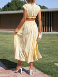 Momentlover Solid Color Pleated Belly-Hollow Cap Sleeve Stand Collar Maxi Dresses