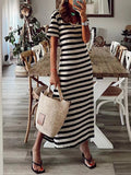 Momentlover Striped Split-Side Printed Short Sleeves Loose V-Neck Midi Dresses
