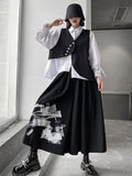 Momentlover Original Loose Lace-Up Hollow Sleeve Blouse+Black Vest+Wide Leg Pants Culotte Three Pieces Set