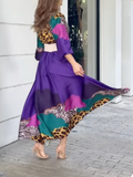 Momentlover Long Sleeves Loose Leopard V-Neck Maxi Dresses
