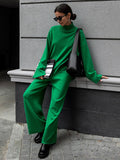 Momentlover Casual Solid Color Irregularity High-Neck Sweater& Wide Leg Pants Suits