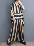 Momentlover Striped Loose Irregular clipping Round-neck Two Pieces Set