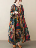 Momentlover Vintage Loose Abstract Printed Pleated Round-Neck Half Sleeves Midi Dress