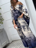 Momentlover Printed Wide Leg Puff Sleeves Off-the-shoulder Two-Piece Sets Pants Blouses