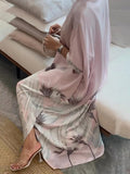 Momentlover Long Sleeves Buttoned Contrast Color Flower&Leaves Print Muslim V-Neck Maxi Dress