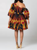 Momentlover Tied Waist Printed Elasticity Three-Quarter Sleeves Puff Sleeves One-Shoulder Mini Dresses