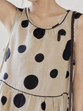 Momentlover Tied Waist Split-Joint Polka-Dot Pleated Contrast Color Sleeveless Loose Round-Neck Midi Dresses