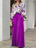 Momentlover Original Contrast Color Blouse&Solid Wide Legs Pants 2 Pieces Set