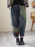 Momentlover Contrast Color Fringed Split-Joint Long Sleeves Printed Outwear + Harem Pants  Two Pieces Set