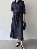 Momentlover Casual A-Line Long Sleeves Bandage Solid Color Lapel Collar Shirt Midi Dresses