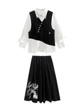 Momentlover Original Loose Lace-Up Hollow Sleeve Blouse+Black Vest+Wide Leg Pants Culotte Three Pieces Set
