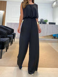 Momentlover Split-Joint Solid Color Pleated Elasticity Backless Sleeveless High Waisted Jumpsuits