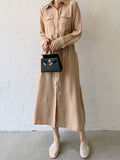 Momentlover Casual A-Line Long Sleeves Bandage Solid Color Lapel Collar Shirt Midi Dresses