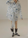 Momentlover Original Loose Long Sleeves Buttoned Contrast Color Printed Lapel Collar Mini Dresses