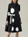 Momentlover Long Sleeves Loose Asymmetric Buttoned Polka-Dot Tied Mock Neck Jackets&Coats Midi Dresses Outerwear