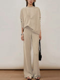 Momentlover Urban Loose Solid Round-Neck Vest Top& V-Neck Sweater Tops& Wide Leg Pants Three-Piece Set