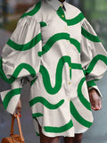 Momentlover Loose Puff Sleeves Contrast Color Printed Split-Side Lapel Mini Dress Shirt Dress