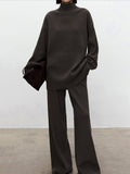 Momentlover Solid Color Long Sleeves High-Neck Sweater Top + Wide Leg Pants Bottom Two Pieces Set