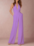 Momentlover Solid Color Backless Wide Leg Sleeveless Halter-Neck Jumpsuits
