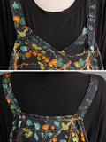 Momentlover Loose Artistic Retro Ramie Cotton Floral Printed V-Neck Overalls