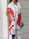 Momentlover Printed Wide Leg Loose Lapel Collar Jumpsuits