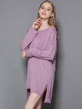Momentlover Solid Color Modal Plus Size High-Low Long Sleeve Pajamas Dress
