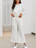 Momentlover Solid Color Long Sleeves Loose Round-Neck Shirts Top + Drawstring Pants Bottom Two Pieces Set