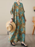 Momentlover Printed Short Sleeves Loose V-Neck Maxi Dresses