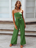Momentlover Original Cold Shoulder Tied Solid Color Straight Leg Jumpsuits