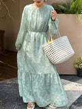 Momentlover Tied Waist Split-Joint Solid Color Pleated Flower Print Puff Sleeves Loose Round-Neck Maxi Dresses