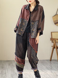 Momentlover Contrast Color Fringed Split-Joint Long Sleeves Printed Outwear + Harem Pants  Two Pieces Set