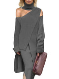 Momentlover Irregularity Solid Color Split-Front Cold Shoulder Sweater Tops& Skirts Two Pieces Set