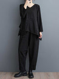 Momentlover Solid Color Long Sleeves Asymmetric Split-Joint V-Neck T-Shirts Top + Harem Pants Elasticity Pants Bottom Two Pieces Set