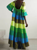 Momentlover Flared Sleeves Half Sleeves Backless Contrast Color Multi-Colored Striped Round-neck Maxi Dresses